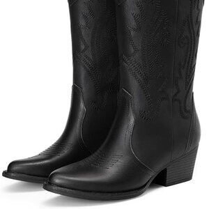 Women's Black Mid Calf Cowgirl Boots Point Toe Chunky Embroidery Stitched Boots